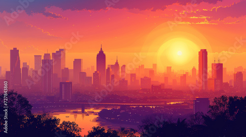 Beautiful scenic view of Bangkok, Thailand during sunrise in landscape comic style. © Tepsarit