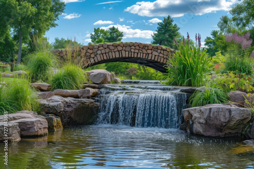 pond with a waterfall and a bridge, with a blue sky and green trees