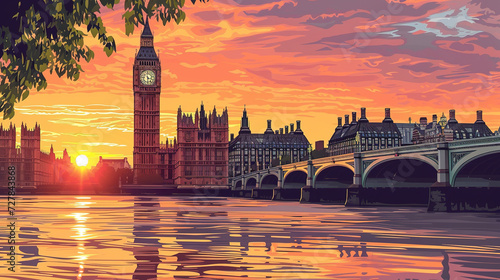 Beautiful scenic view of Big Ben in London during sunrise in landscape comic style.