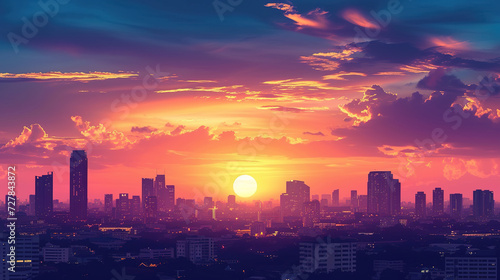 Beautiful scenic view of Bangkok, Thailand during sunrise in landscape comic style.