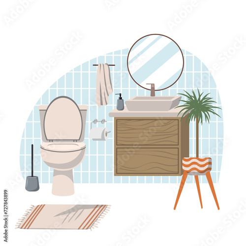Bathroom interior vector illustration. Shower room and toilet interior design. Shower cabin, bathroom cabinet with sink, hanging toilet bowl, towel holder and bathroom mirror.