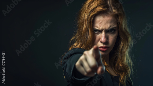 cool looking angry woman pointing finger toward camera on dark background.