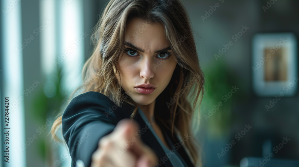 cool looking angry businesswoman pointing finger toward camera in the office.