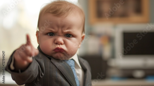 cool looking angry baby in business suit and tie pointing finger toward camera in the office.