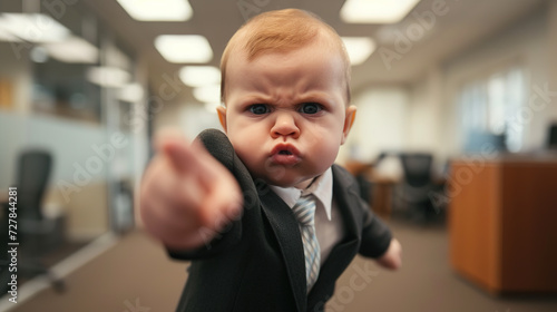 cool looking angry baby in business suit and tie pointing finger toward camera in the office. photo
