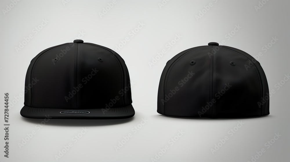 Black classic Snapback front and back in pure black without logo on white background Black classic Snapback front and back in pure black without logo on white background