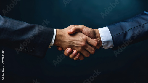 cool looking 2 businessmen shaking hands isolated on dark background. Concept of finishing business deal, agreement, done deal, partnership. 
