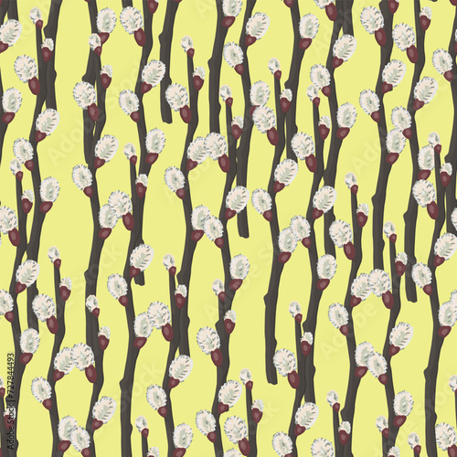 Spring botanical seamless pattern. Ornament of blooming pussy willow twig. Cartoon vector design.