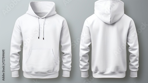 White classic Hoodie front and back in pure white without logo on grey background 