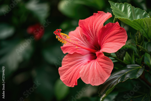 close-up of a blooming hibiscus flower, its petals a vibrant shade of red © Formoney