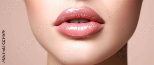 A macro shot of glossy lips presents a sensual and glamorous beauty detail