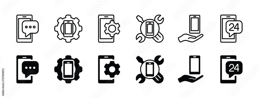 Mobile phone service thin line icon set. Containing smartphone, support 24 hours, settings, chat, call center, contact, message. Vector illustration Mobile phone service thin line icon set. Containing smartphone, support 24 hours, settings, chat, call center, contact, message. Vector illustration