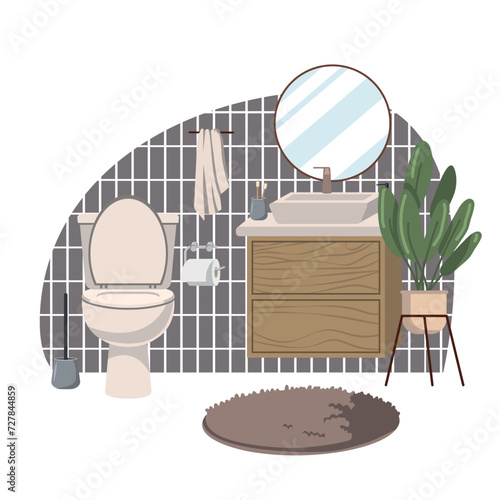 cozy bathroom interiors. Bathrooms and dressing rooms with washbasins, sinks, mirrors, cabinets and plants. Flat vector illustration on white background