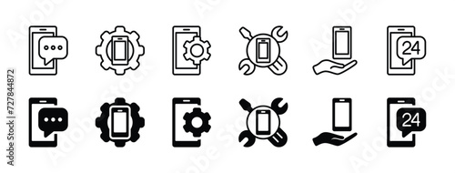 Mobile phone service thin line icon set. Containing smartphone, support 24 hours, settings, chat, call center, contact, message. Vector illustration