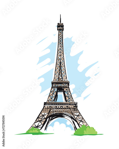 Fototapeta Naklejka Na Ścianę i Meble -  Eiffel tower free hand sketch, vintage card, symbol of France sticker