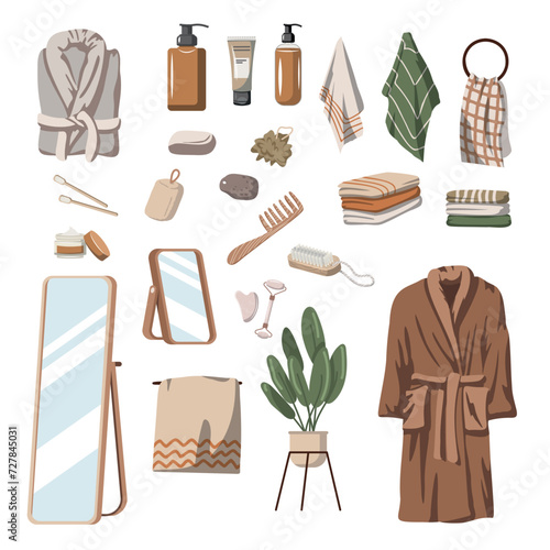 large set of modern bathroom decor items, bathroom items, towels, brush, washcloths, soap, mirror, robe and other decor. Vector illustration on white background