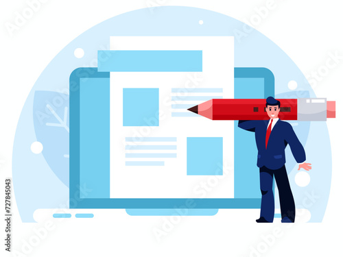 Content writer. Man stands with a huge pencil. Business reporting. Accounting. Blog articles creation. Blog page on laptop display. Vector graphics