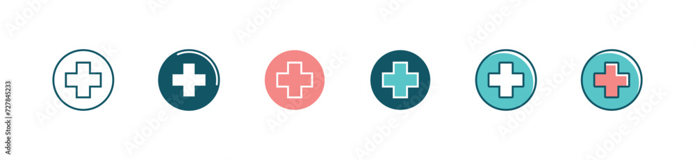 Obraz premium simple first aid cross icon set medical health care vector. life, hospital, clinic, medicine, plus symbol design