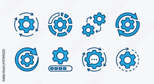 Set of business process icon. Containing workflow, productivity, optimization, sync, efficiency, refresh gear arrow, configuration, operation, improvement, and maintenance. Vector illustration