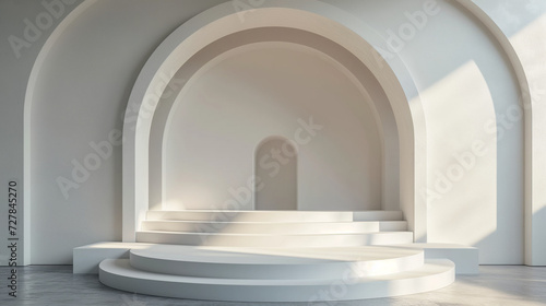 two round pedestals in front of white background, in the style of geometric animal figures, rendered in cinema4d, minimalist typography, diorama, minimalist stage designs, spectacular backdrop beige