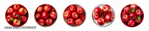 Collection of a bowl of fresh whole red apples isolated on a transparent background, top view