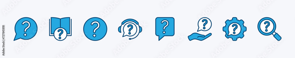 Set of question mark icon. Containing inquire message, ask, instruction book, help button, service and support, chat guide, privacy policy, searching. Vector illustration Set of question mark icon. Containing inquire message, ask, instruction book, help button, service and support, chat guide, privacy policy, searching. Vector illustration