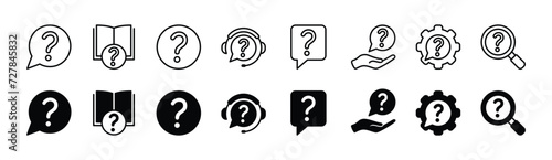 Question mark icon set. Containing inquire message, instruction book, ask, help button, service and support, chat guide, privacy policy, searching. Vector illustration