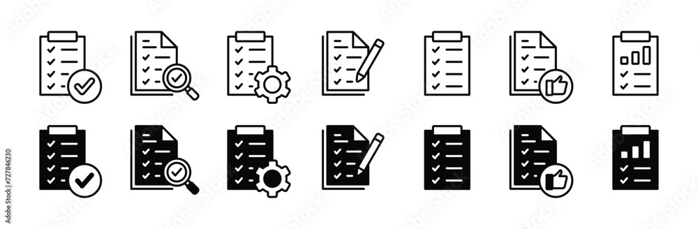Result of business document report icon set. Containing review, data analysis, verification, checklist, quality, form. Clipboard pencil, gear, thumb up, and checkmark, magnifier. Vector illustration Result of business document report icon set. Containing review, data analysis, verification, checklist, quality, form. Clipboard pencil, gear, thumb up, and checkmark, magnifier. Vector illustration