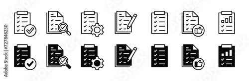 Result of business document report icon set. Containing review, data analysis, verification, checklist, quality, form. Clipboard pencil, gear, thumb up, and checkmark, magnifier. Vector illustration