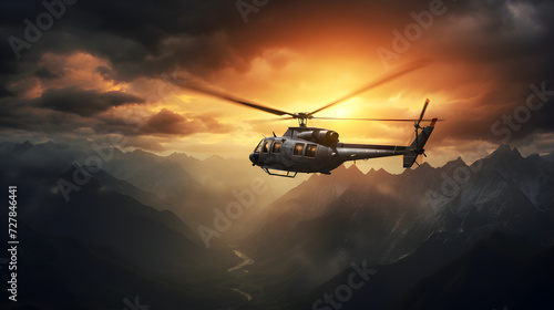 Helicopter flying over mountain range with the sun photo