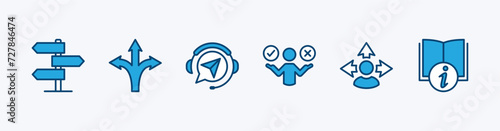Guidance icon set. Containing traffic direction board, three way arrow, guide service and support, information book, and option. Vector illustration