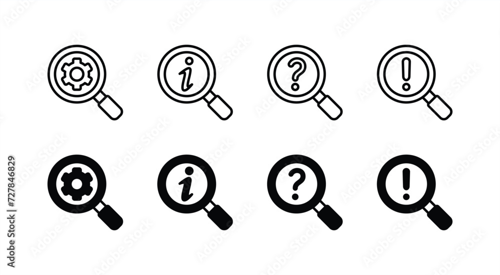 Searching icon set for settings, information, question and answer. Magnifier with gear service, support sign containing exclamation, query, and info help assistance. Vector illustration Searching icon set for settings, information, question and answer. Magnifier with gear service, support sign containing exclamation, query, and info help assistance. Vector illustration