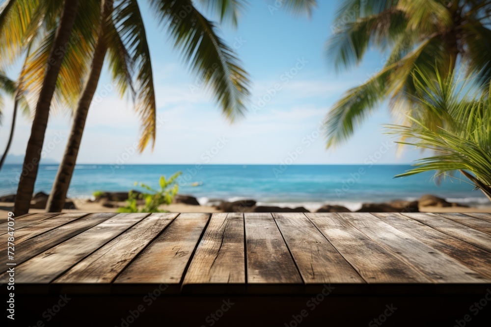 Top of wood table with seascape and palm leaves.