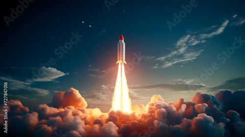 Space exploration concept with rocket launched into the stars, spaceship background photo