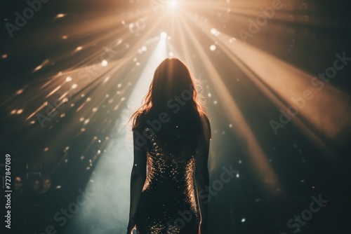 Behind the singer is a lonely girl in a sparkling dress. The spotlight shone on her on the concert stage.