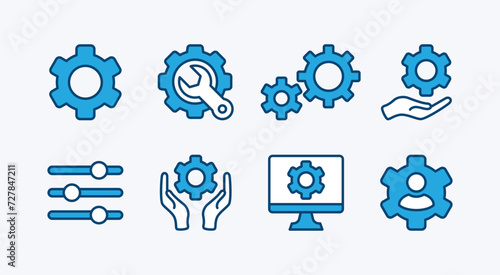 Set of gear settings icon. Containing business process, technical support, cogwheel, configuration, service, teamwork, workflow, computer, technology, management, industry. Vector illustration