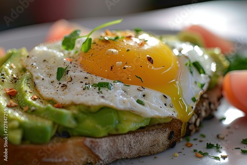 A close-up of a gourmet avocado toast topped with a perfectly fried egg Healthy Breakfast. Egg and Avocado Toast photo