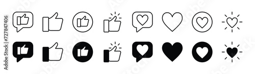 Thumbs up and heart icon set. Like and love icons. Containing comment, feedback, rating, satisfaction, survey, customer service and support for app and website. Vector illustration