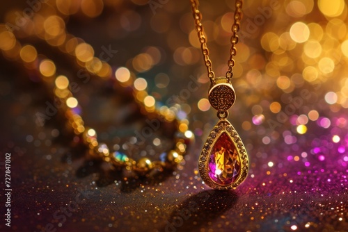 Sparkling gold necklace with teardrop gemstone pendant, luxury jewelry.