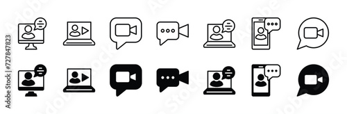 Online video service and support icon set. Containing digital communication, mobile video call course, business meeting, remote work, discussion. Vector illustration
