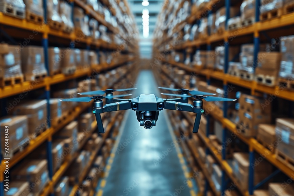 drones flying over aisles in a warehouse, scanning barcodes for inventory management. drones flying over aisles in a warehouse, scanning barcodes for inventory management.