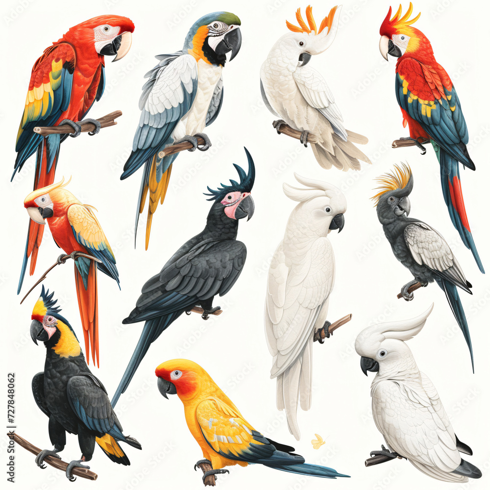 A large set of cockatoo parrots. Realistic illustration.