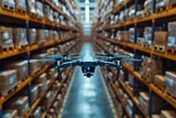drones flying over aisles in a warehouse, scanning barcodes for inventory management.