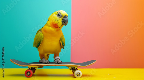 bird on skateboard. Vibrant animated bird skillfully skateboarding on colorful background. Funny bird on a skateboard on a pink background. Skates skillfully. Place for advertising.