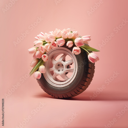 Car wheel decorated with pink tulips isolated on a seamless pastel pinkish-orange background with copy space.
