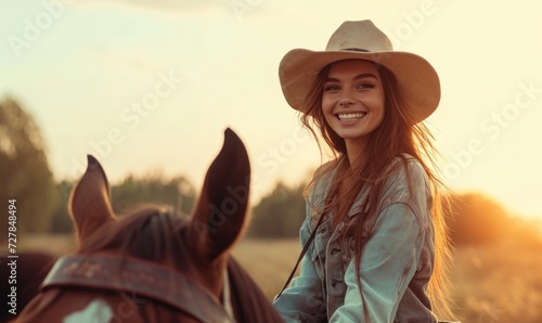 Cowboy woman on riding on horse. Beautiful cowgirl posing on prairie in sunset light.