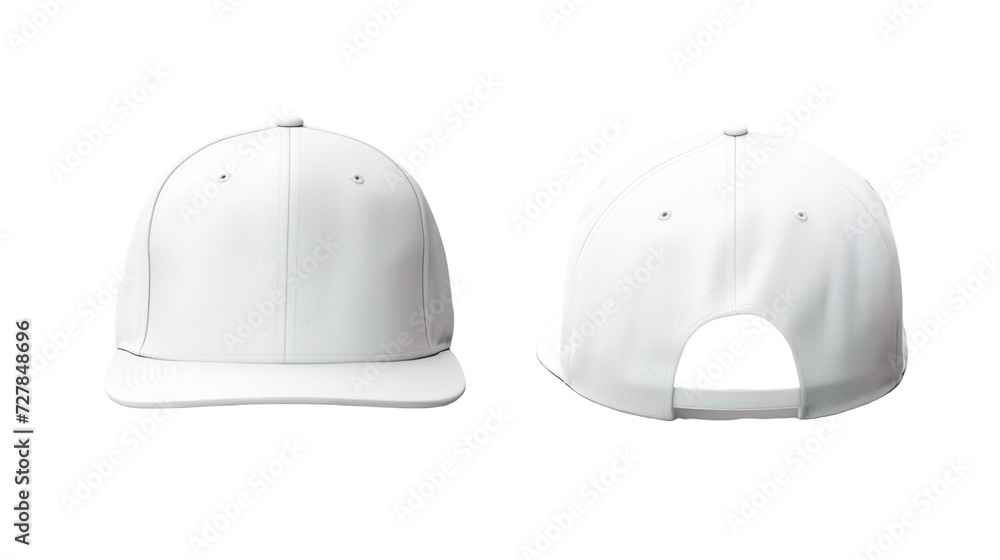 White classic snapback front and back in pure white without logo on transparent background as a design mockup White classic snapback front and back in pure white without logo on transparent background as a design mockup