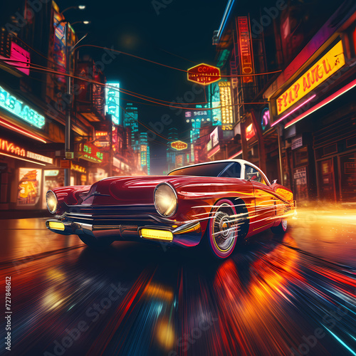 Vintage car speeding through a neon-lit city. 