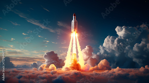 Space exploration concept with rocket launched into the stars, spaceship background photo