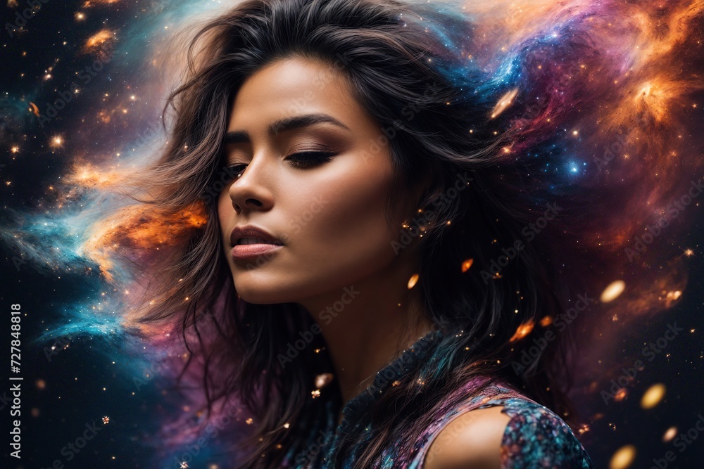 beautiful fantasy abstract portrait of a beautiful woman double exposure with a colorful digital paint splash or space nebula beautiful fantasy abstract portrait of a beautiful woman double exposure with a colorful digital paint splash or space nebula
